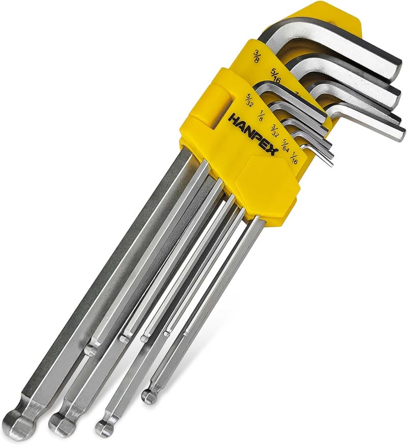 Hanpex Long Arm Hex Key Allen Wrench Set with Ball End, Ball-End Hex Allen Key, Allen Wrench Set Chrome Vanadium Steel(Cr-V), Tamperproof TORX L- Key Set (9Pc Imperial) - Image 1